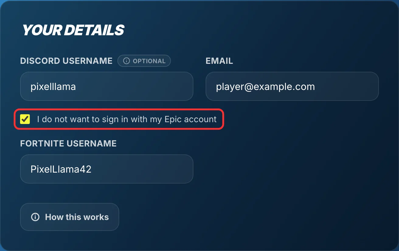 The checkout form with “I do not want to sign in with my Epic account” ticked and a Fortnite username filled in