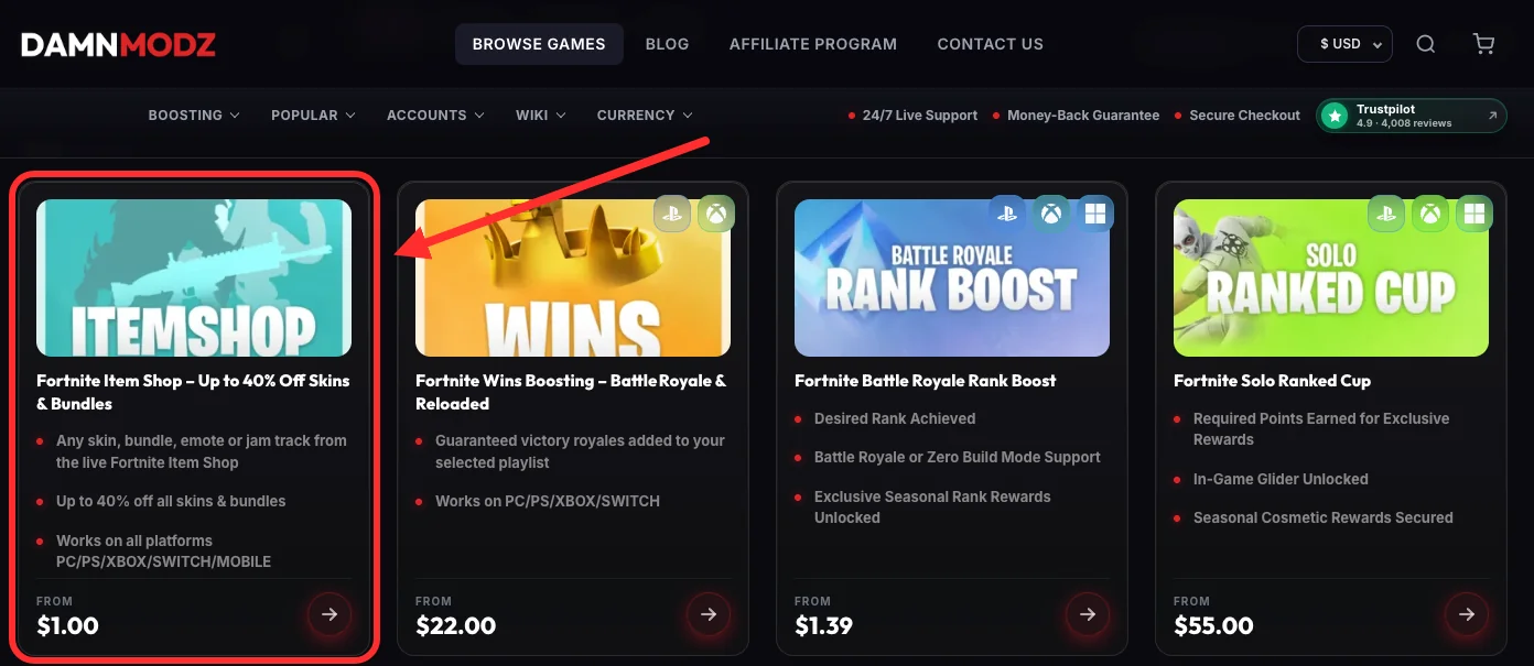 The Fortnite section of damnmodz.com, whose Fortnite Item Shop listing links to buyitemshop.com